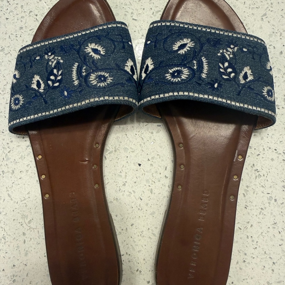 Veronica Beard Blue and Brown Embroidered Sandals